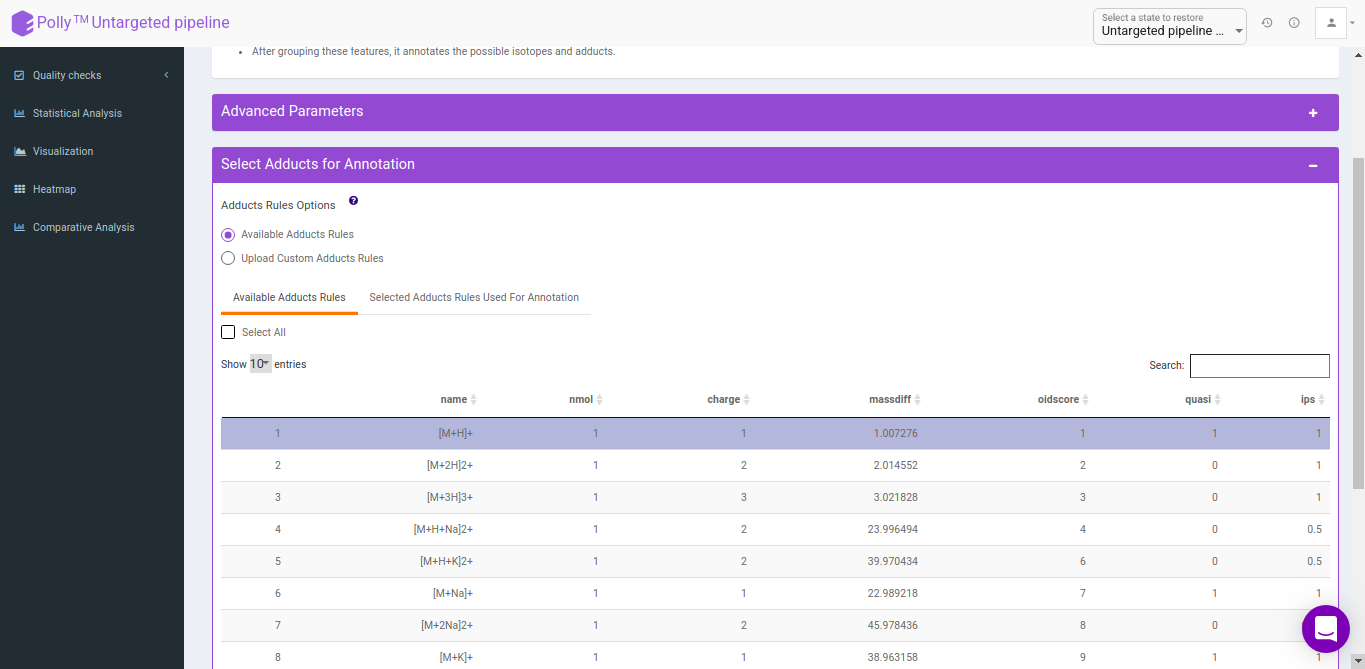 Select adducts for annotation